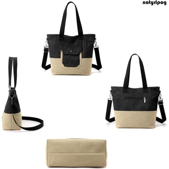 Canvas Tote Bag for Women Small Handbag with Zipper Shoulder - Picture 4 of 6